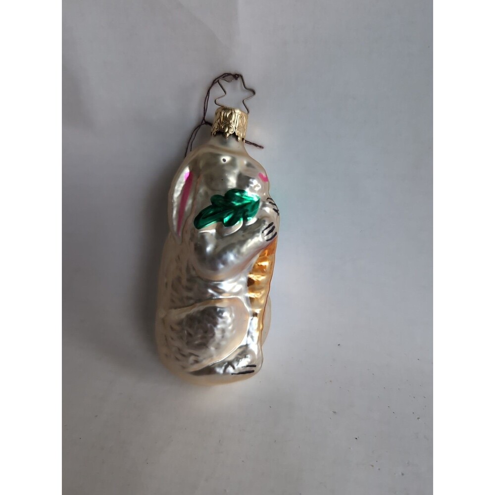 Inge Glas Rabbit Holding Carrot German Glass Christmas Ornament White 4"